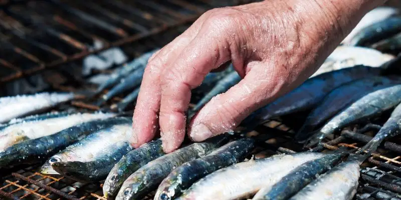 grilling sardine with salt