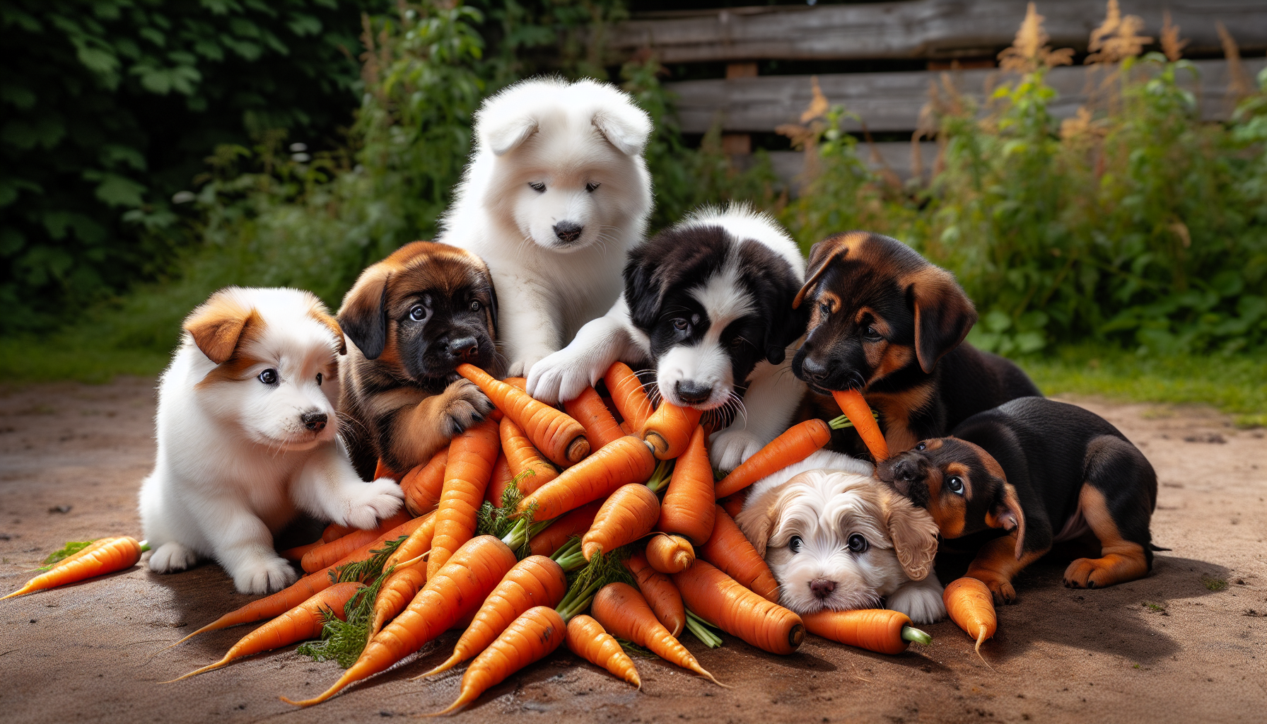 Puppies with carrots, cute dog gathering.